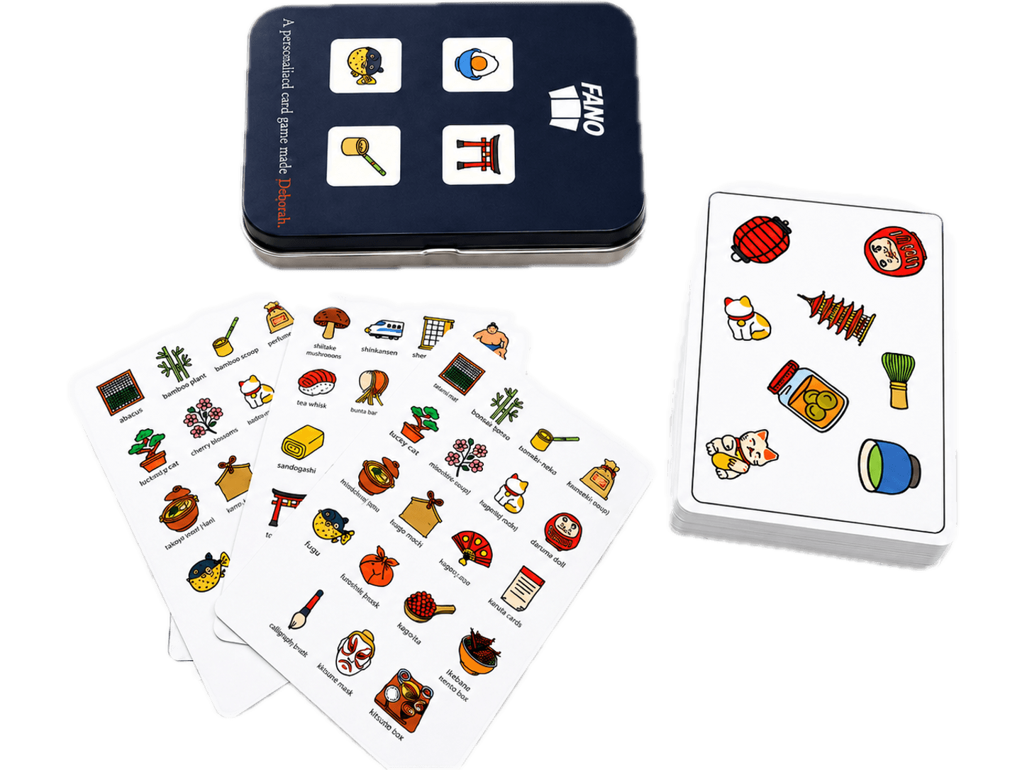 The full FANO set — custom tin, spread cards, and the deck